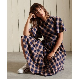 Superdry dámské šaty Woven Check Short Sleeve Midi - Fialová