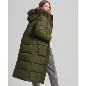 Superdry dámská zimní bunda Longline Faux Fur Everest Coat - Zelená