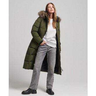 Superdry dámská zimní bunda Longline Faux Fur Everest Coat - Zelená