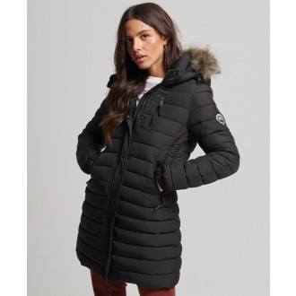 Superdry dámska zimná bunda Faux Fur Hooded Mid Length Puffer - Black