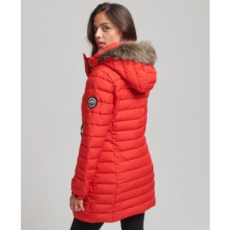 Superdry dámska zimná bunda Faux Fur Hooded Mid Length Puffer - Červená